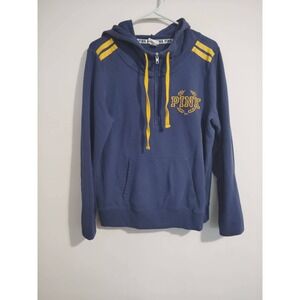 PINK Victoria's Secret Navy Blue Yellow Quarter Zip Hoodie Sweatshirt Size Large